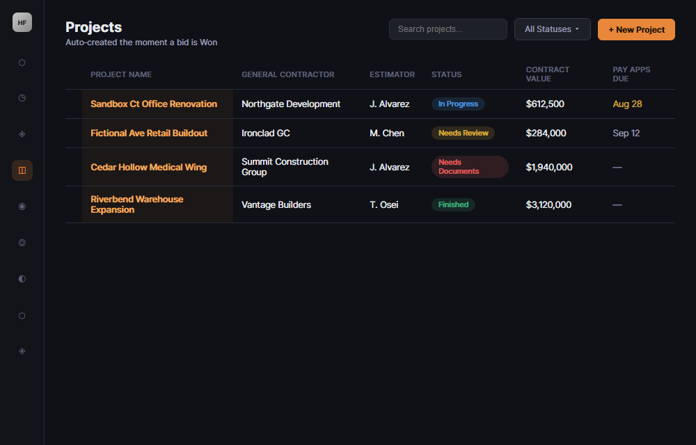 Helix Forge Projects screen showing contract value, status, and pay apps due