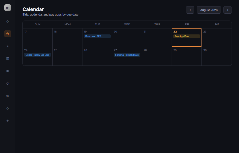 Helix Forge Calendar screen showing bid due dates and pay app deadlines